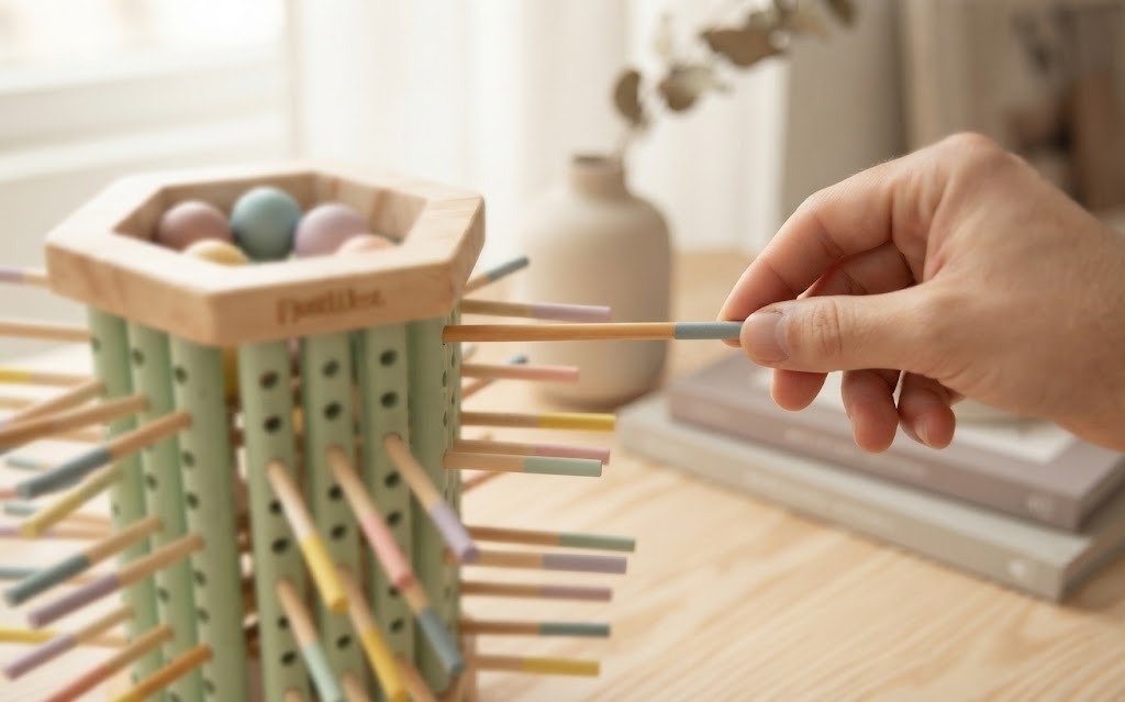 Una mano juega con Kerball junto a una ventana, entre madera y tonos suaves.